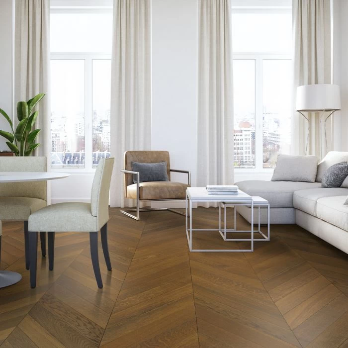 90mm Engineered Brushed & UV Oiled Dark Smoked Charnwood Oak Chevron Block Wood Flooring 0.7632m²