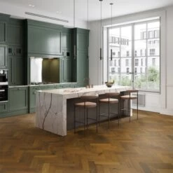 70mm Herringbone Engineered Brushed & UV Oiled Dark Smoked Charnwood Oak Parquet Wood Flooring 0.86m