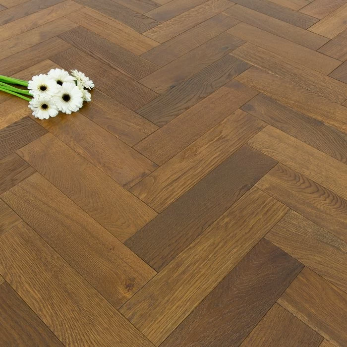 90mm Herringbone Engineered Brushed & UV Oiled Dark Smoked Charnwood Oak Parquet Wood Flooring 1.07m² - Image 3
