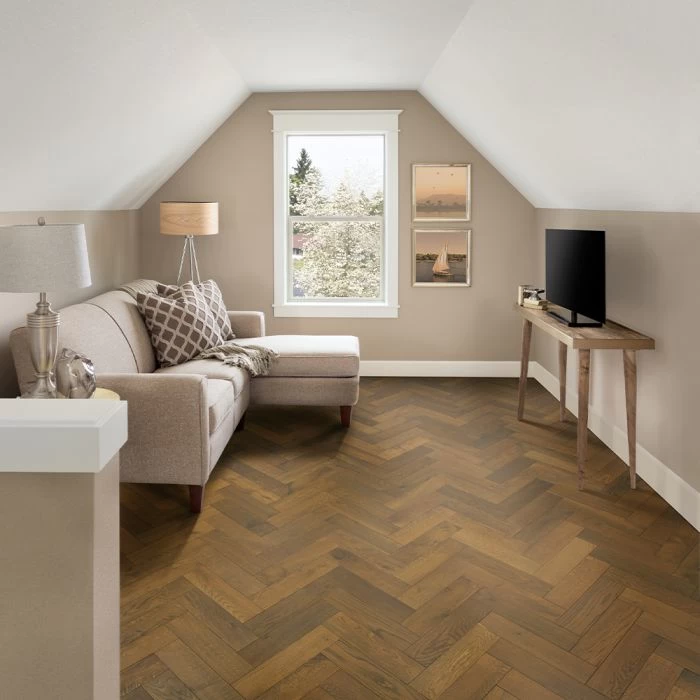 90mm Herringbone Engineered Brushed & UV Oiled Dark Smoked Charnwood Oak Parquet Wood Flooring 1.07m²