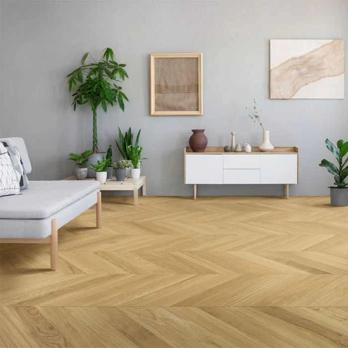 90mm Engineered Brushed & UV Oiled Natural Charnwood Oak Chevron Block Wood Flooring 0.7632m²