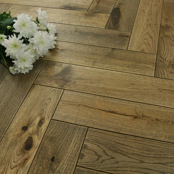 90mm Herringbone Engineered Urban Brown Distressed Brushed & UV Oiled Parquet Wood Flooring 0.648m²
