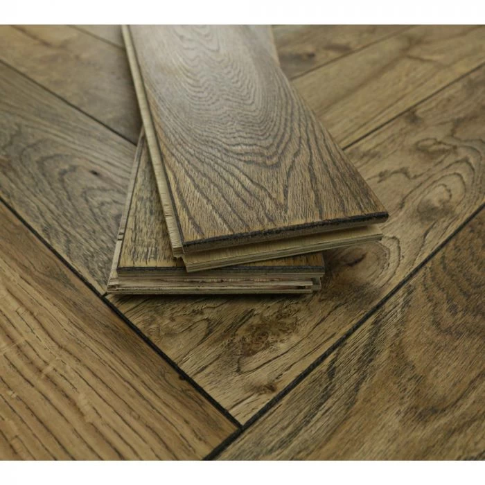 90mm Herringbone Engineered Urban Brown Distressed Brushed & UV Oiled Parquet Wood Flooring 0.648m² - Image 3